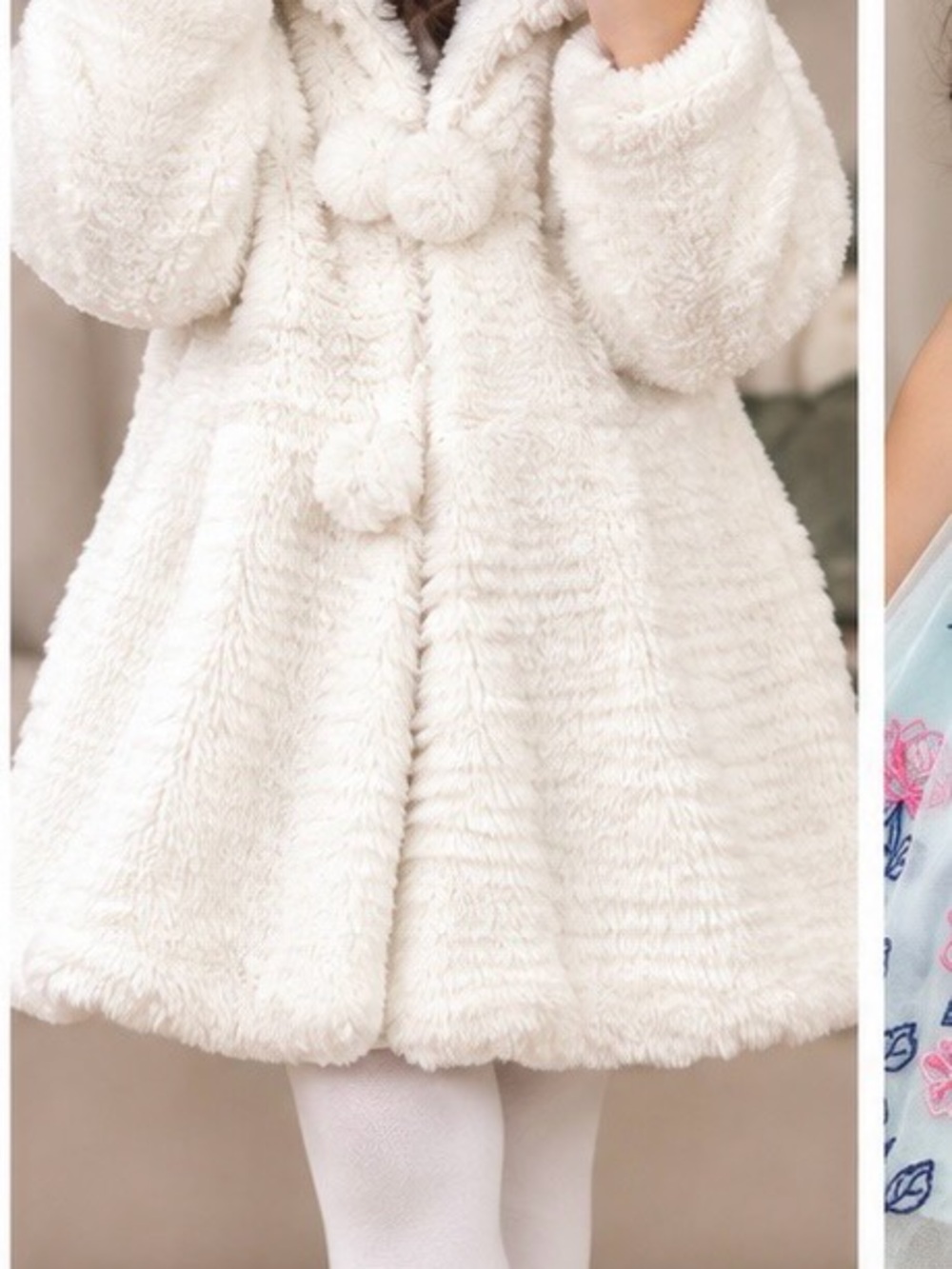 Cream Hooded Faux-Fur Girls' Coat with Pom-Pom Ties